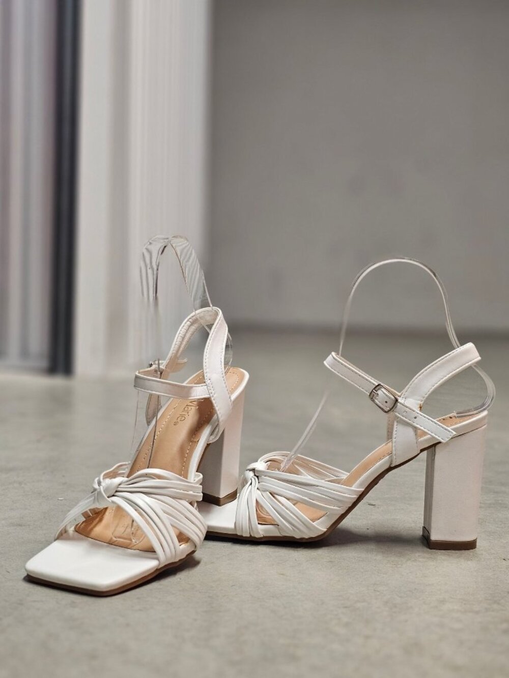 Strappy White Block Heel Sandals With Adjustable Ankle Strap & Knot Detail For W
